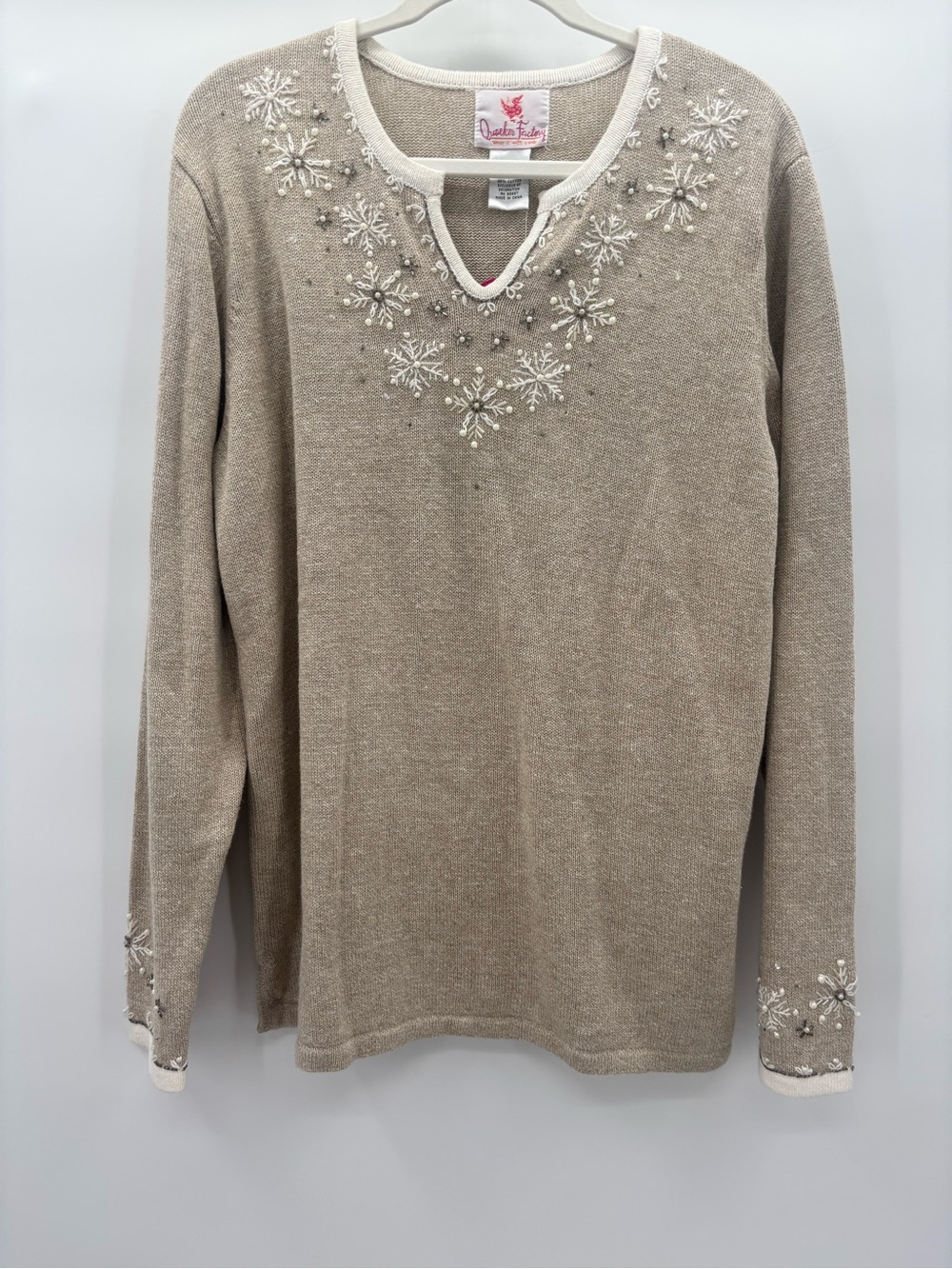 Quacker Factory Tan V-Neck Sweater with Beaded Snowflake Embellishment Size L